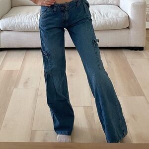 High-Rise Wide-Leg Utility Jeans in Dark Blue